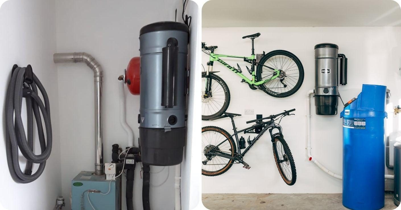 Beam serenity central vacuum unit installed in plant room and serenity unit installed in garage
